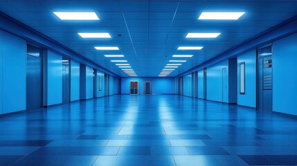 Obraz premium Futuristic Hallway in a Blue-Toned Setting Featuring Bright Lighting, Minimalist Design, and Sleek Floor for an Innovative Architectural Concept