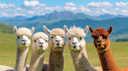 Obraz premium A charming group of fluffy alpacas roam a stunning mountain landscape, showcasing the beauty of nature and cuteness.