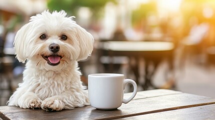 A fluffy white dog basking in sunlight at a charming cafe, with a coffee mug nearby, radiating happiness and relaxation.