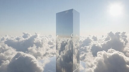 Fototapeta premium Reflection Tower Among Fluffy Clouds in Blue Sky