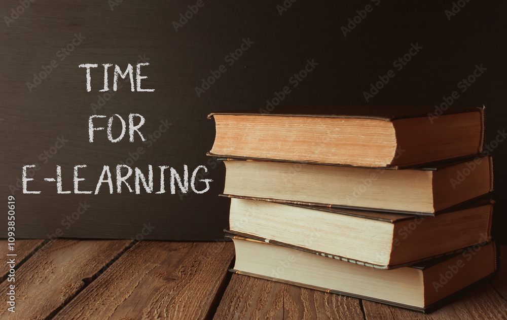 Poster stack of books with the words time for e-learning written on a chalkboard