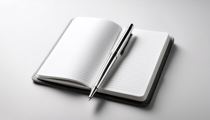 Modern metal pen placed on a blank notebook with a clean white background