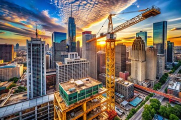 Fototapeta premium Constructing the Future: A Documentary View of a Construction Crane Against the Backdrop of Majestic Tall Buildings in an Urban Landscape