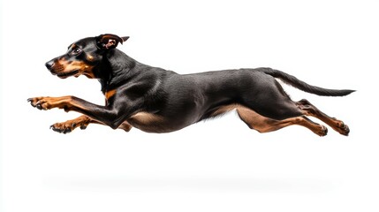 Dynamic doberman pinscher midair leap studio setting action photography white background aerial view energetic canine showcase