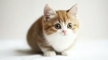 Adorable munchkin cat with short legs sitting on a white surface - captivating pet photography in a cozy home setting