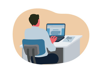Male employee typing on the laptop. Backside view. Simple flat illustration