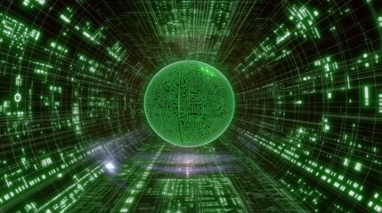Fototapeta premium Futuristic Green Digital Sphere in Virtual Tunnel