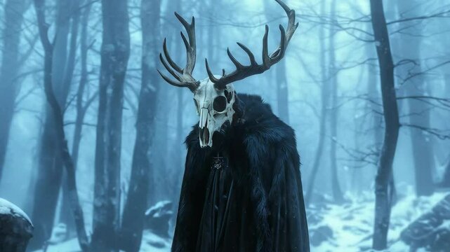 Wendigo mythical monster in scary winter forest. Evil spirit. Shaman or druid wearing in horn animal skull and cloak. Wiccan religion. Halloween, Yule, pagan New Year