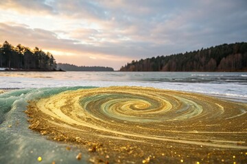Abstract art piece featuring a whirlpool of gold glitter in a sea of swirling colors, whirlpool effect, gold glitter, abstract art, textured surface
