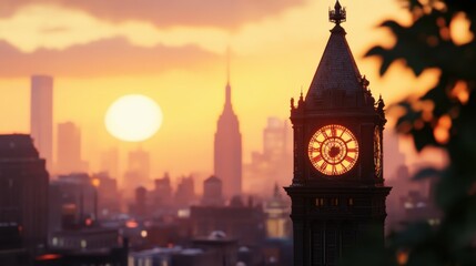 Illuminated clock tower at sunset, urban landscape photography, vibrant evening atmosphere, scenic cityscape view