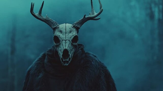 Wendigo mythical monster in scary winter forest. Evil spirit. Shaman or druid wearing in horn animal skull and cloak. Wiccan religion. Halloween, Yule, pagan New Year