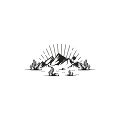a logo with a view of a mountain in the middle of the desert in a minimalist vintage style