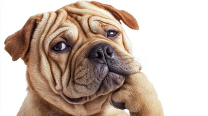 Obraz premium Thoughtful shar pei with wrinkly skin on white background capturing the essence of canine contemplation