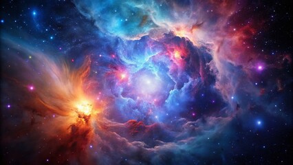 Naklejka premium Cosmic Nebula: A Vibrant Symphony of Color Capturing the Mystical Beauty of Space in Striking Detail and Depth, Perfect for Science and Astronomy Enthusiasts