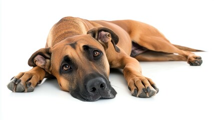 Obraz premium Great dane lying down with its head resting on its paws in a cozy living room peaceful canine portrait