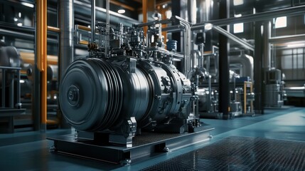 Industrial compressor unit in a factory, detailed metal housing, realistic textures, professional lighting 