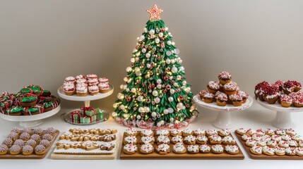 Festive Holiday Dessert Table with Beautifully Decorated Christmas Tree Made of Treats, Including Cupcakes, Cookies, and Chocolates for a Joyful Celebration
