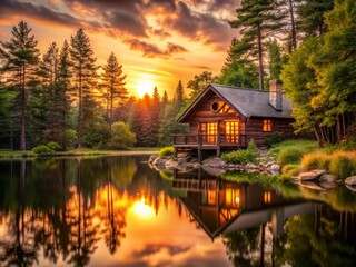 Cozy Cabin Retreat by the Lake in the Woods at Sunset, a Tranquil Escape Surrounded by Nature's Beauty and Warm Colors Reflecting on Calm Waters, Ideal for Relaxation and Rejuvenation