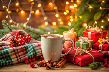 Cozy Christmas Scene Featuring a Festive Mug Surrounded by Wrapped Gifts, Twinkling Lights, and a Warm Blanket for a Perfect Holiday Atmosphere