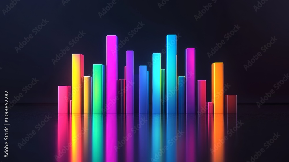 Poster colorful abstract bars representing data visualization with bright neon lights against a dark backgr