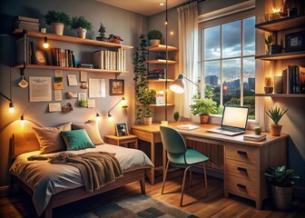 Fototapeta premium Cozy Dorm Room Atmosphere with Students Studying Under a Desk Lamp, Highlighting Focus and Productivity in a Quiet Learning Environment