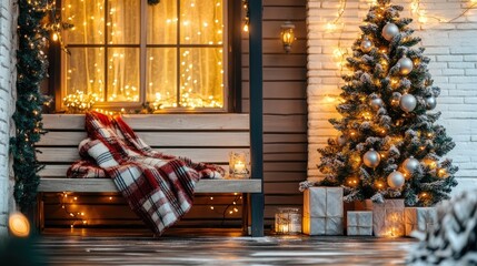 Cozy Winter Scene Featuring a Decorated Christmas Tree, Warm Blanket on a Bench, and Soft Lighting Creating a Charming Holiday Atmosphere