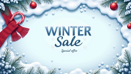 Elegant winter sale banner featuring snowy edges, candy canes, pine branches, ornaments, and a red scarf. Perfect for seasonal promotions, holiday ads, and festive designs.