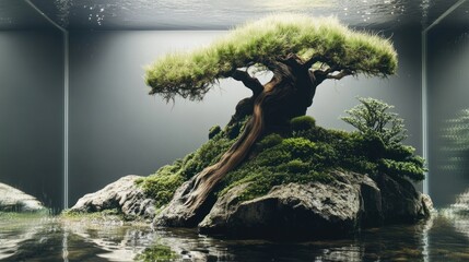 Fototapeta premium Serene Bonsai Aquatic Landscape: A Miniature World of Tranquility