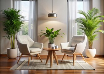 Fototapeta premium Cozy Living Room Setup Featuring Two Elegant White Chairs and a Lush Potted Plant as the Central Focal Point, Ideal for Home Decor Inspiration and Interior Design Projects