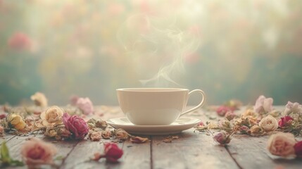 Fototapeta premium Serene Cup of Tea Amidst Delicate Rose Petals