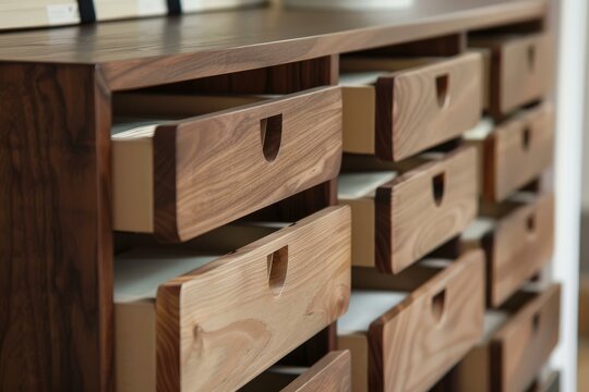 Open drawers revealing the interior of a wooden cabinet, showcasing craftsmanship and organization