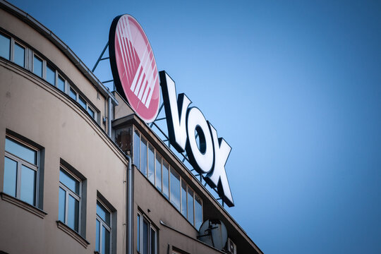 BELGRADE, SERBIA - OCTOBER 19, 2024: Logo of Vox Electronics on their main shop in Belgrade. Vox Electronics is an Serbian manufacturer of domestic appliances and commercial equipment.