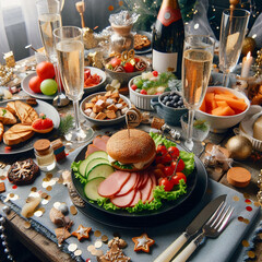 A festive New Year's Eve table, adorned with sparkling wine, golden ornaments