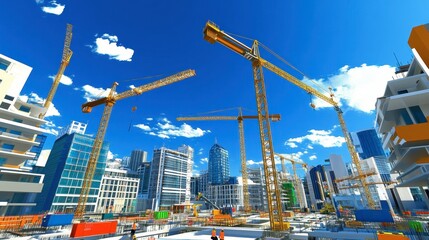 Fototapeta premium Urban Construction Site with Cranes and Blue Sky