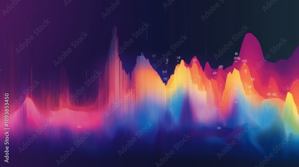 Poster Colorful Abstract Visualization of Data Waves Representing Sound Frequencies with Vibrant Gradient Colors and Dynamic Shapes for Creative Projects
