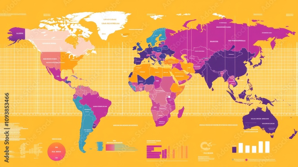Poster colorful world map with geographical details featuring countries in distinct shades, visualizing glo