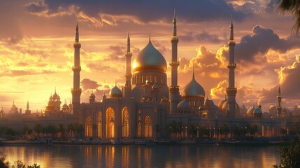 Fototapeta premium Grand mosque with towering minarets at sunset, intricate carvings and golden domes, warm lighting