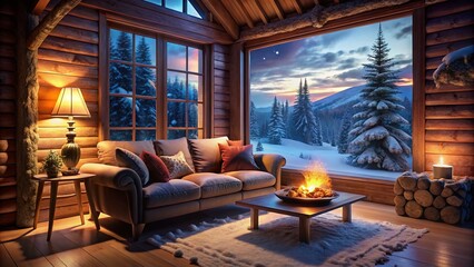 Cozy Winter Cabin Night Photography Featuring a Plush Velvet Sofa Surrounded by Warm Lighting, Soft Textiles, and a Snowy Landscape for an Inviting Atmosphere