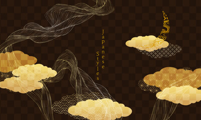 和風デザイン背景　竜田川紋の月　流水　麻の葉　市松　青海波　七宝