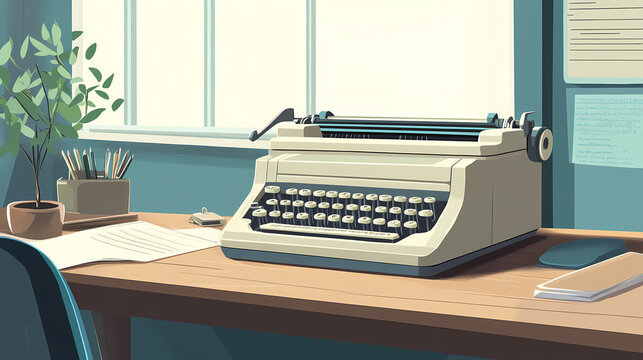 A vintage typewriter on a wooden desk creates a charming workspace atmosphere. Vintage Typewriter Desk. Illustration