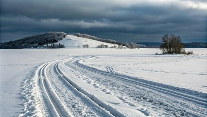 A frozen landscape with deep tire tracks and a snow-covered hill in the background, snowy, vast, slope, serene, landscape