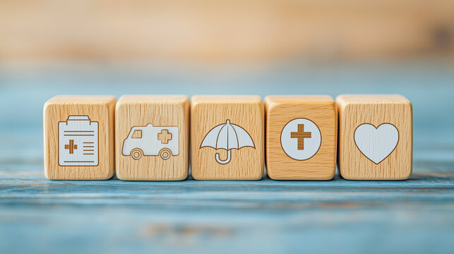 Medical protection concept: Wooden blocks with health and medical icons, symbolizing a range of healthcare and medical insurance options designed to safeguard well-being.