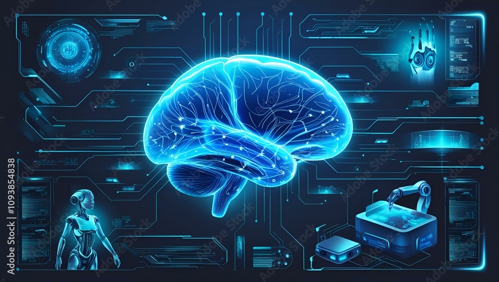 Poster a 3d digital model of a human brain is displayed on a futuristic interface with robotic elements, su