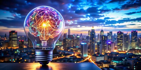Creative Neon Brain Light Bulb Concept in a Vibrant Urban Setting with Double Exposure Effect Capturing the Fusion of Ideas and City Life for Inspiring Visuals
