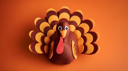 A turkey made of orange, brown, and yellow felt resting flat on an orange background with text space