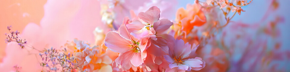 A bouquet of flowers in pastel shades, arranged in an abstract vase.