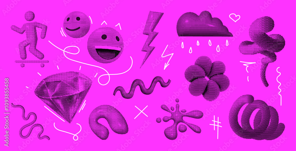 Poster Monochrome bitmap elements, cartoon and 3d effects, halftone collection of elements and shapes for retro design, isolated acid set. Monochrome bitmap effect, vector graphic collection Monochrome
