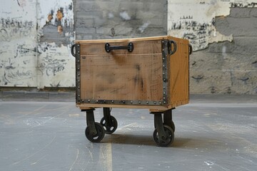 Stylish wooden crate with metal details and wheels, showcasing industrial design in an abandoned factory setting