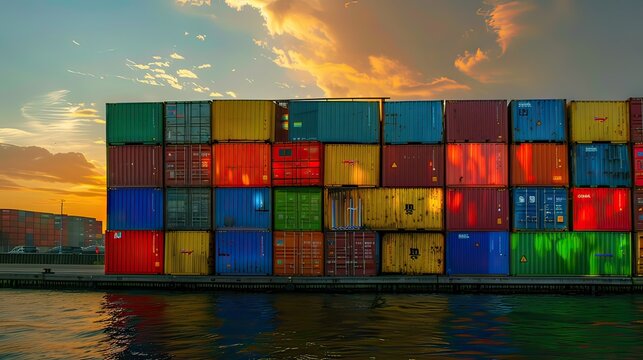 A container ship with colorful containers moored at the harbor at sunset.