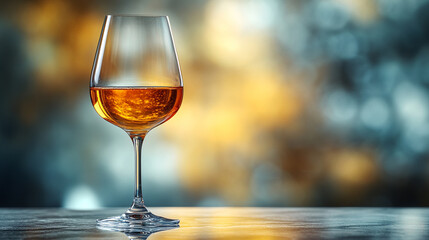 sophisticated glass of white wine filled with amber liquid, symbolizing elegance, warmth, and refinement, with soft lighting enhancing its smooth curves and inviting glow
